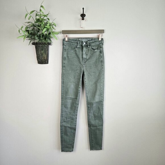 AE 2 Super Hi Rise Jegging Green Stretch Skinny Jeans American Eagle - Picture 1 of 14